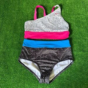 Nike Girl’s Black Water Dots Asymmetrical Top & High Waist Bikini Set Size L